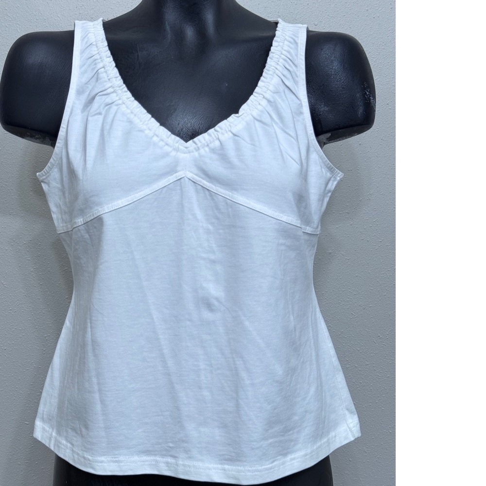 Talbots Petites Ruched V-Neck Tank Top Sz PL White Pima Cotton Feminine Preppy